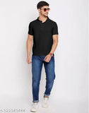 Black poly lycra Selvia Men's short sleeve t-shirt with classic polo collar and half sleeves, offering quality casual wear in a soft texture. Made in India