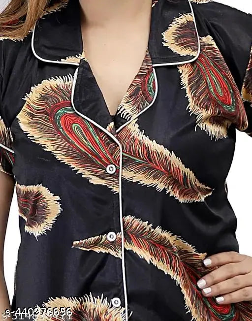 Black satin printed net nightdress, trendy women's short-sleeved satin pyjama set