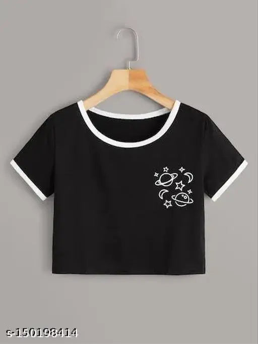 Cotton blend cropped t-shirt, printed net pattern. Veronica Elegants branded fashion tee, short sleeves. Size M (Bust 42 in), made in India