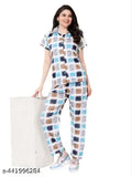 Blue polyester printed collar night suit, MF Trendy women's pajama set with short sleeves and boxy fit on display