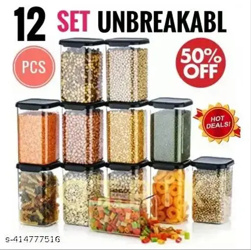Unbreakable black plastic air tight square kitchen storage containers (1100ml each), pack of 12 - Ideal for dried masala and spice storage, keeping food safe from pests