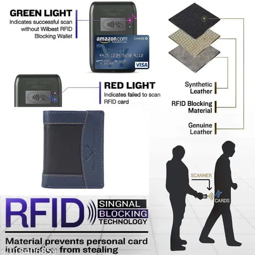 Genuine leather, RFID-blocking tri-fold wallet with 5 compartments, solid design. Handcrafted, durable, ideal gift from India
