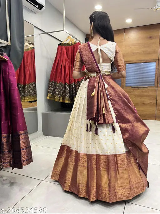 Art Silk Lengha Choli and Banarasi Dupatta, traditional South Indian Zari-embroidered semi-stitched unstitched set with tussles and belt, ready to ship from India