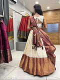 Art Silk Lengha Choli and Banarasi Dupatta, traditional South Indian Zari-embroidered semi-stitched unstitched set with tussles and belt, ready to ship from India