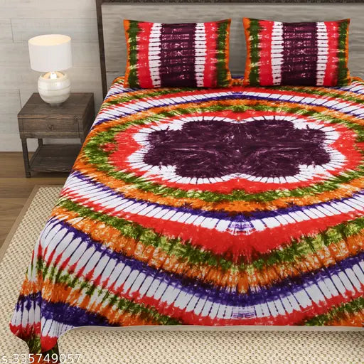 Multi-colored tie and dye pure cotton king size bedsheet, vibrant batik pattern for summer use