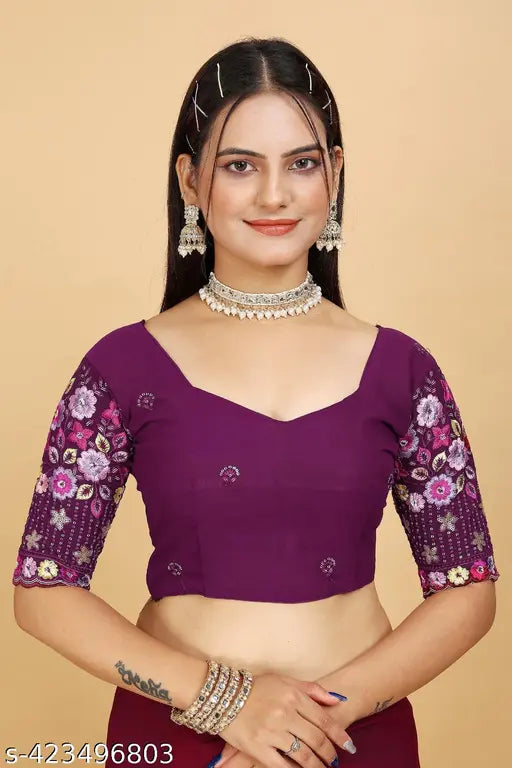 Faux georgette saree with contrast arco border and floral sequence embroidery, free size, India-origin