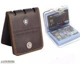 Brown leather casual wallet & card holder combo, textured net design for men's fashionable accessory