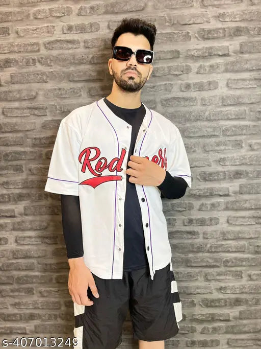 Printed net, three-quarter sleeves polyester jersey, casual wear for men (L: 40in chest, 27in length / XL: 42in chest, 28in length), India origin