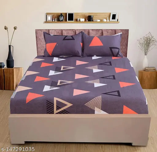 Graphite Triangle Premium Cotton Fitted Bedsheet, 210 TC ultra soft, wrinkle free for double bed (72x78+10 inches). Elastic corners for easy tuck-in on heavy mattresses
