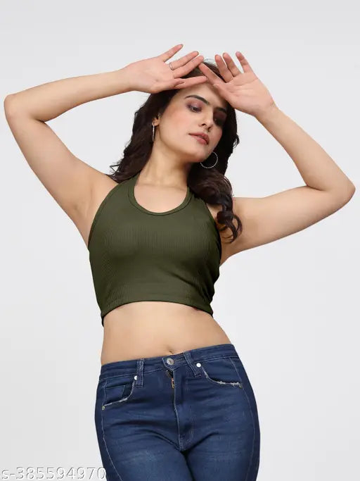 Green cotton blend round neck comfortable yoga tank top - perfect for gym, sport, or beachwear