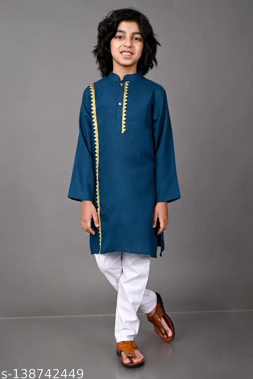 Blue cotton blend kurta and pajama set for boys, self-weave designed, great for festivals, India origin