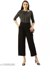 Black and white striped crepe jumpsuit for women with three-quarter sleeves, round neck, and two pockets. Size S (34-12-28-38), Made in India