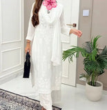 Rayon Chikankari handwork kurta set with printed net palazzos, three-quarter sleeves for couples, fully dyeable, Indian handicraft