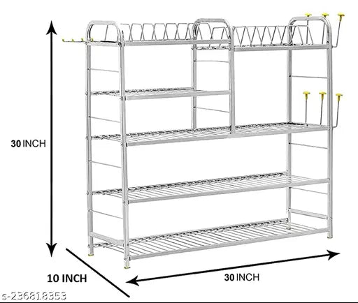 Stainless steel Akaya Creations WINSTAR kitchen organizer with plate & cutlery stand, 2 glass holders (31 x 30 inches)