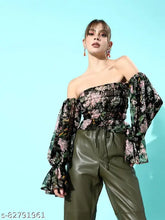 Black chiffon puff sleeves floral print top, long sleeves, size XS (32 in bust) - Anvi women's western wear