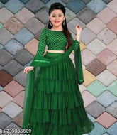 Embroidered satin and net Lengha Choli for girls, ruffle stitch with long sleeves, exclusive Indian designer fashion for ages 1-12 years