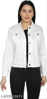 Women's solid denim full sleeve comfort fit jacket, long sleeves, size S (bust 34in, length 21in), India origin