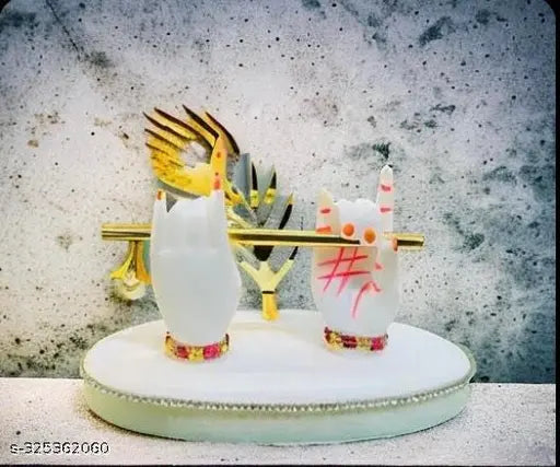 Marble dust white Krishna hand statue with golden peacock feather brass flute for home decor, office, living room - exquisite Indian handicraft