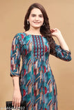 Three-quarter sleeve women's cotton blend kurti with printed combo, India
