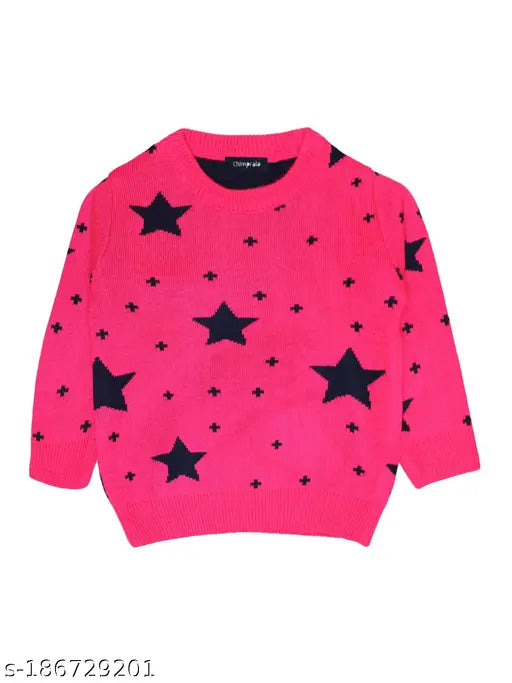 Woolen winter sweatshirts for girls by CHIMPRALA. Soft, long-sleeved sweaters with printed net design. Pure wool material, suitable for active kids. Sizes: 9-12M (Bust 22in, Length 13in); 12-18M (Bust 23in, Length 14in); 18-24M (Bust 24in, Length 15in); 2-3Y (Bust 25in, Length 16in). Made in India