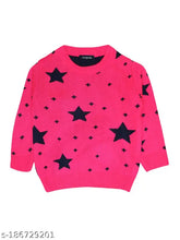 Woolen winter sweatshirts for girls by CHIMPRALA. Soft, long-sleeved sweaters with printed net design. Pure wool material, suitable for active kids. Sizes: 9-12M (Bust 22in, Length 13in); 12-18M (Bust 23in, Length 14in); 18-24M (Bust 24in, Length 15in); 2-3Y (Bust 25in, Length 16in). Made in India