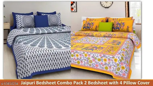 Sanganeri-printed cotton double bed sheet combo pack, featuring 2 sheets and 4 pillow covers. Jaipuri design on Indian-made fine quality flat sheets for adult beds. Ideal for a coordinated look