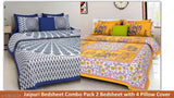 Sanganeri-printed cotton double bed sheet combo pack, featuring 2 sheets and 4 pillow covers. Jaipuri design on Indian-made fine quality flat sheets for adult beds. Ideal for a coordinated look