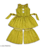 Girls beautiful jacquard kurta and sharara set, A-line top with woven design, sleeveless, sizes range from 12-18 months to 6-7 years, Indian origin