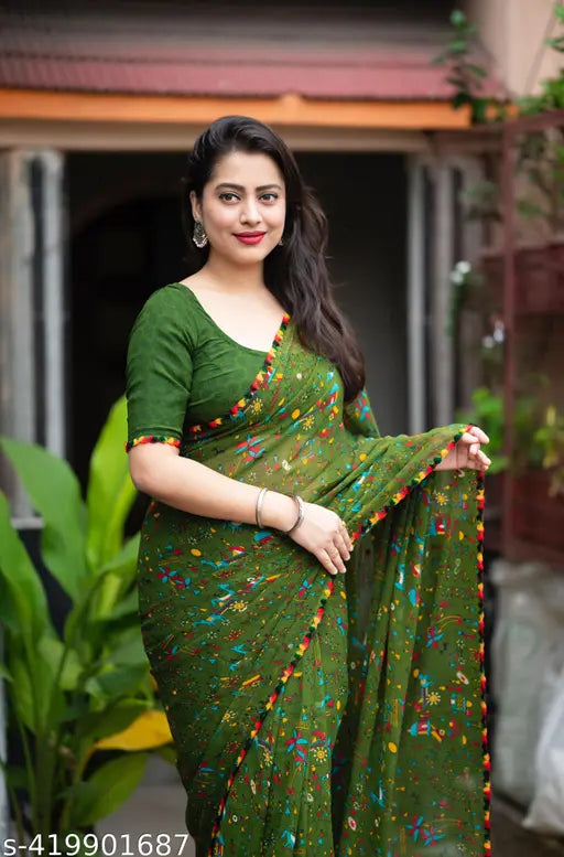 Stylish trending georgette saree fabric with rainbow border, printed blouse pattern same as border