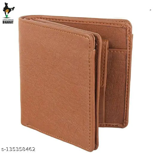 Brown faux leather men's wallet, 2 compartments, credit/debit card pockets, currency storage. Royal Craft modern design, stitching detail, matte finish. Made in India