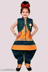 Silk blend self-design patiwala dress set with jacket and pant, Indian girls clothing for ages 2-13 years