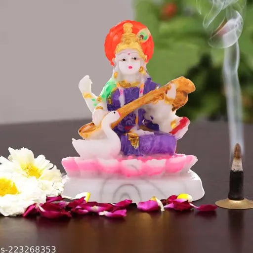 Multicolor small resin Saraswati Maa figurine with veena, decorative spiritual showpiece for puja room or mandir