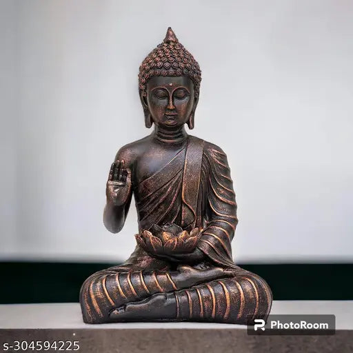 Meditating Buddha head statue, resin, 11-inch. Handcrafted, good luck home decor and office desk accessory