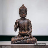 Meditating Buddha head statue, resin, 11-inch. Handcrafted, good luck home decor and office desk accessory