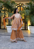 Mustard Rayon kurta sharara set with dupatta and bottomwear, three-quarter sleeves, printed design on display