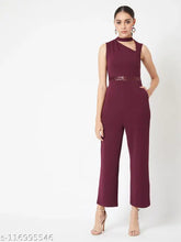 Maroon polyester sleeveless v-neck Miss Chase women's jumpsuit with zip closure, sequin belt, and cut-out design