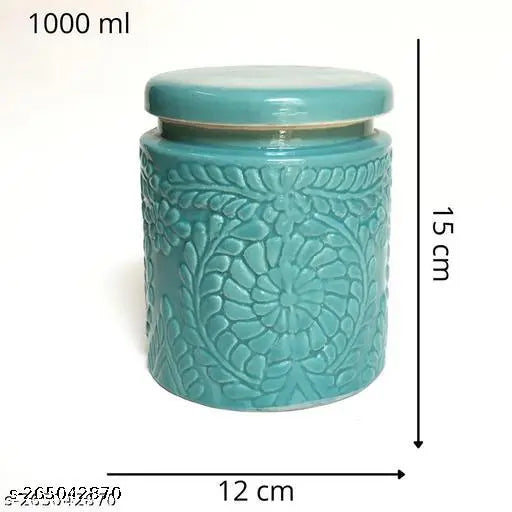 Ceramic green floral jars (900ml, set of 2) - ideal for pickles, handmade in India by artisans