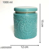Ceramic green floral jars (900ml, set of 2) - ideal for pickles, handmade in India by artisans