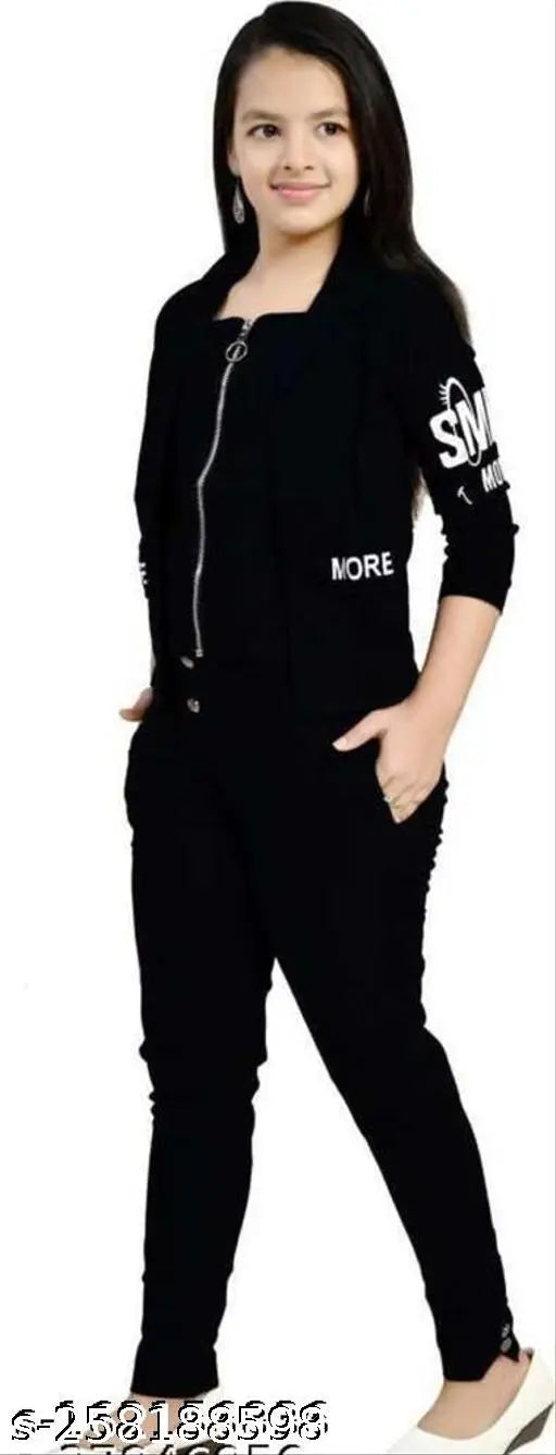 Black cotton casual dress set for girls aged 4-15 years, featuring printed three-quarter sleeves and ankle length stretchable pants, trendy fashionable clothing from India
