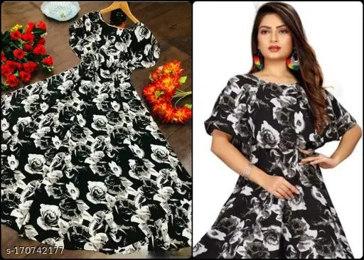 Women's black & white floral print layered maxi kurti, crepe, short sleeves, flared fit, casual occasion