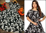 Women's black & white floral print layered maxi kurti, crepe, short sleeves, flared fit, casual occasion