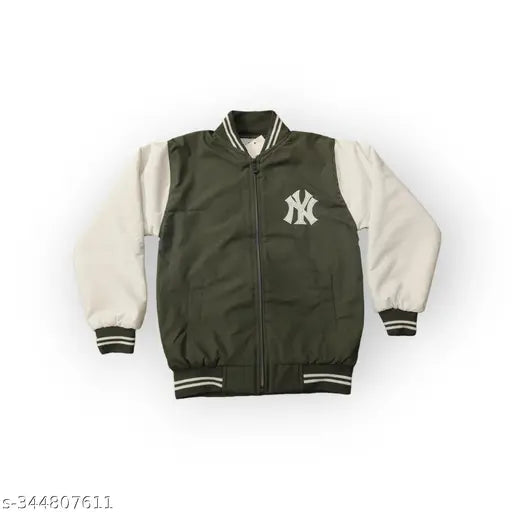 Trendy kids waterproof baseball jacket, PU fabric with embroidered net pattern. White fur lining and ribbed collar/cuffs. Ideal for winters and pre-winters, sizes: 2-3yrs, 3-4yrs, 4-5yrs, 5-6yrs, 8-9yrs, 9-10yrs. Made in India