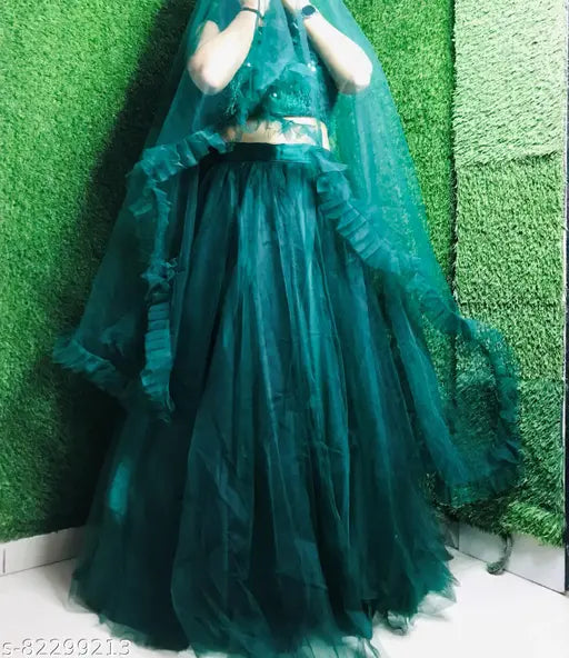 Embellished acrylic-net Treandy Lehenga set with ruffled dupatta, best for parties and weddings, Indian origin