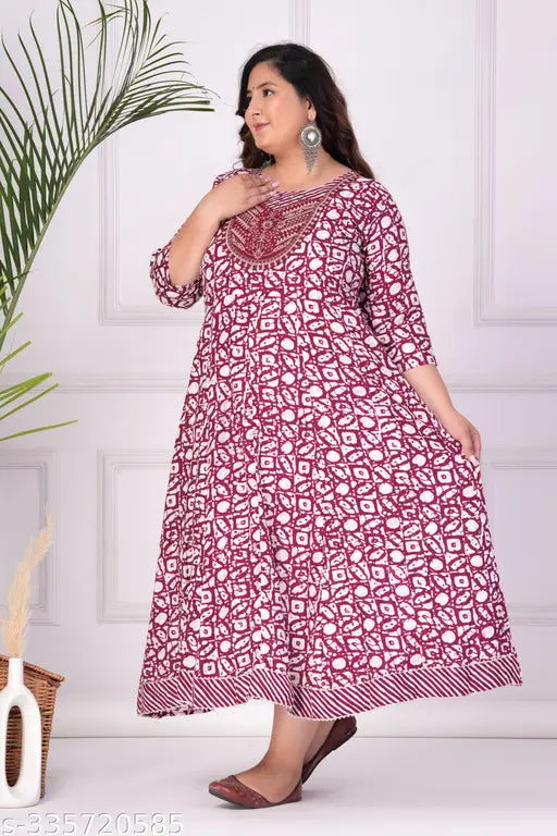 Red embroidered cotton Anarkali kurta, rayon fabric, three-quarter sleeves - Indian ethnic wear for women