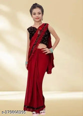 Striped net Lycra blend baby girl saree for wedding, party, or festivals, suitable for ages 3-14 years. Velvet unstitched blouse piece included. Handcrafted in India