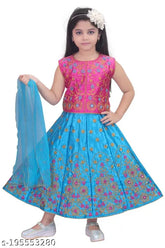 Kids chiffon Lahenga-Choli set, sleeveless and embroidered, net dupatta. Indian-made, versatile outfit for girls aged 3-12 years, suitable for various events and occasions