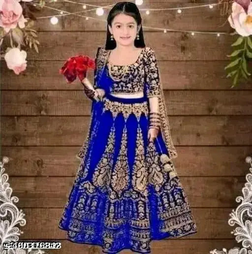 Embroidered velvet kids lehenga-choli set with net dupatta, semi-stitched, suitable for 3-15 years old