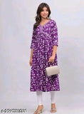 Purple Alia cut cotton kurti, three-quarter sleeves, printed combo, modern Indian fashion