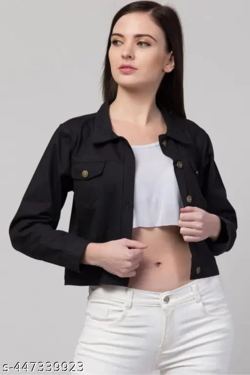 Casual fit black cotton blend women's jacket, solid design for stylish comfort (Size S: 36in bust, 18in length, 32in waist, 32in hip, 28in shoulder; Size M: 38in bust, 18in length, 33in waist, 32in hip, 30in shoulder; Size L: 40in bust, 19in length, 34in waist, 34in hip, 32in shoulder)