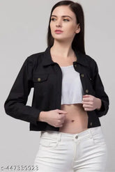Casual fit black cotton blend women's jacket, solid design for stylish comfort (Size S: 36in bust, 18in length, 32in waist, 32in hip, 28in shoulder; Size M: 38in bust, 18in length, 33in waist, 32in hip, 30in shoulder; Size L: 40in bust, 19in length, 34in waist, 34in hip, 32in shoulder)